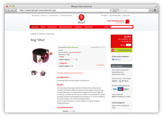 Magento Onlineshop für Schmuck aus Muranoglas